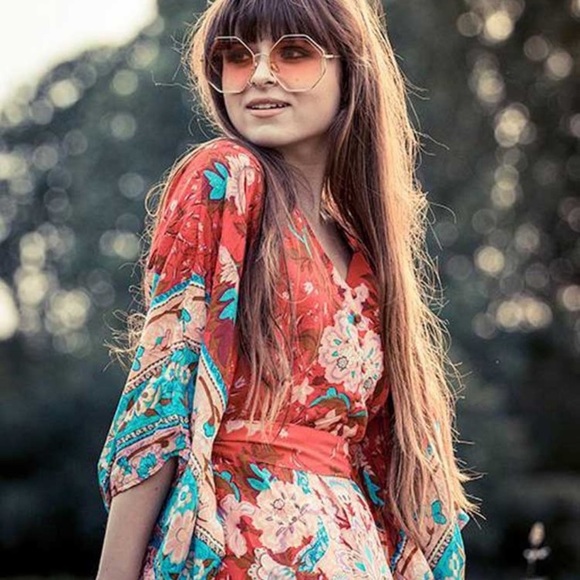 SOLD OUT Red Floral Gypsy Kimono Long Button Up Maxi Dress - Picture 6 of 16